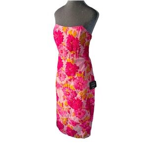 LuLus Event Pink Floral Jacquard Bustier Strapless Midi Dress Size Medium Modern